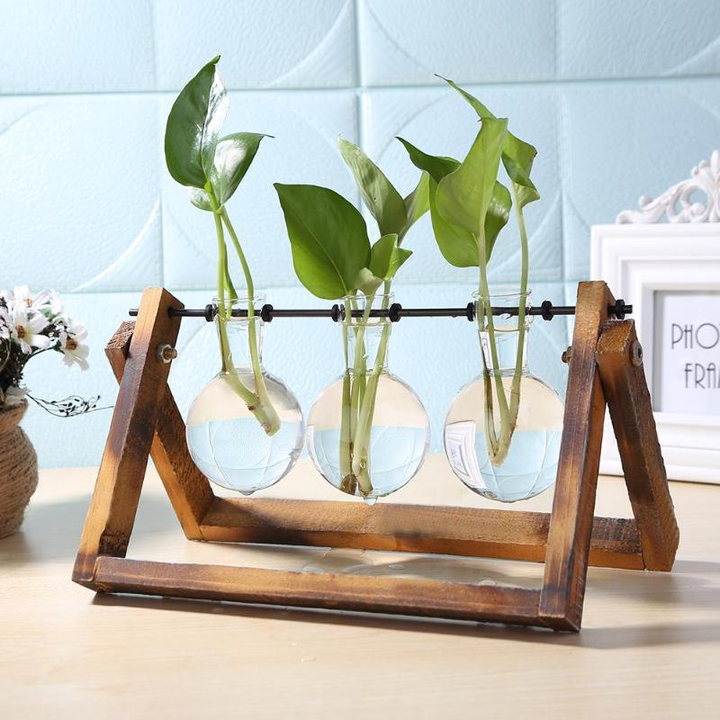 Glass And Wood Vase Planter Table Desktop