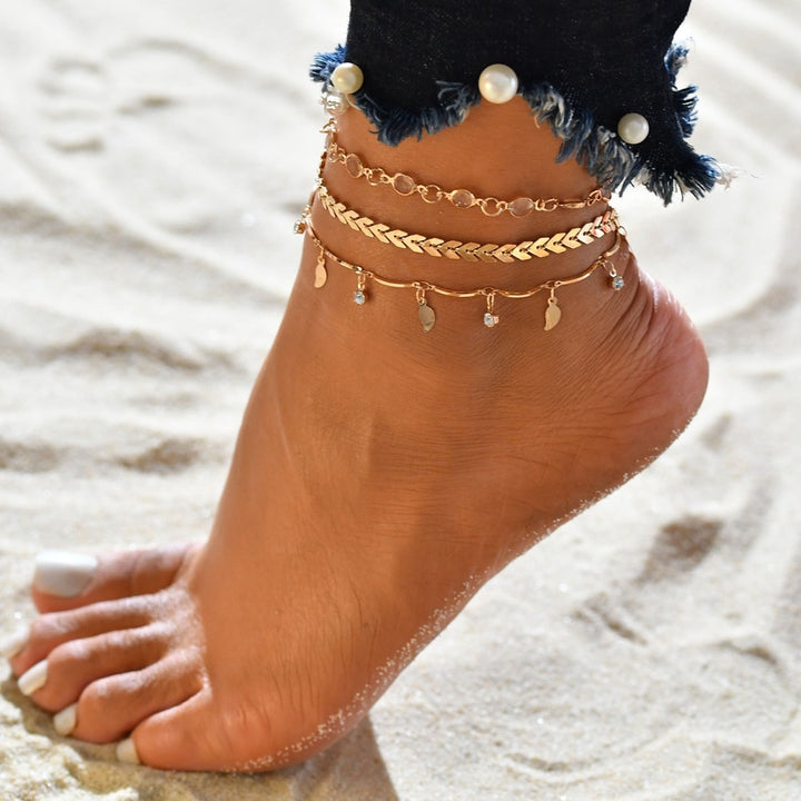 4pc/set Bohemia Shell Chain Anklet Sets: Sparkling Sequins Ankle Bracelet for Women