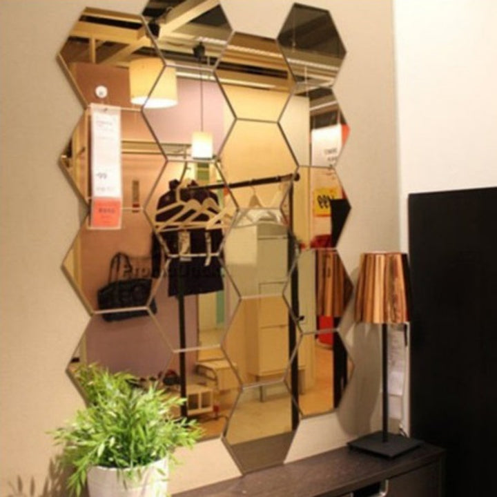 3D Hexagon Acrylic Mirror Wall Stickers DIY Art Wall Decor Stickers Living Room Mirrored Sticker Gold Home Decor