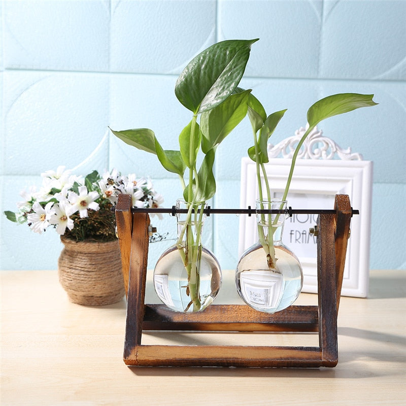 Glass and Wood Vase Planter Table Desktop-KWB Lifestyle